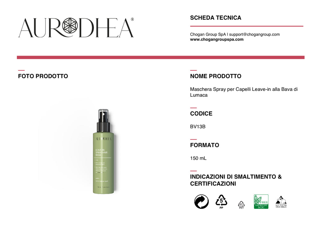 AURODHEA Maschera Spray per Capelli Leave-in alla Bava di Lumaca 150ml - Cod. BV13B