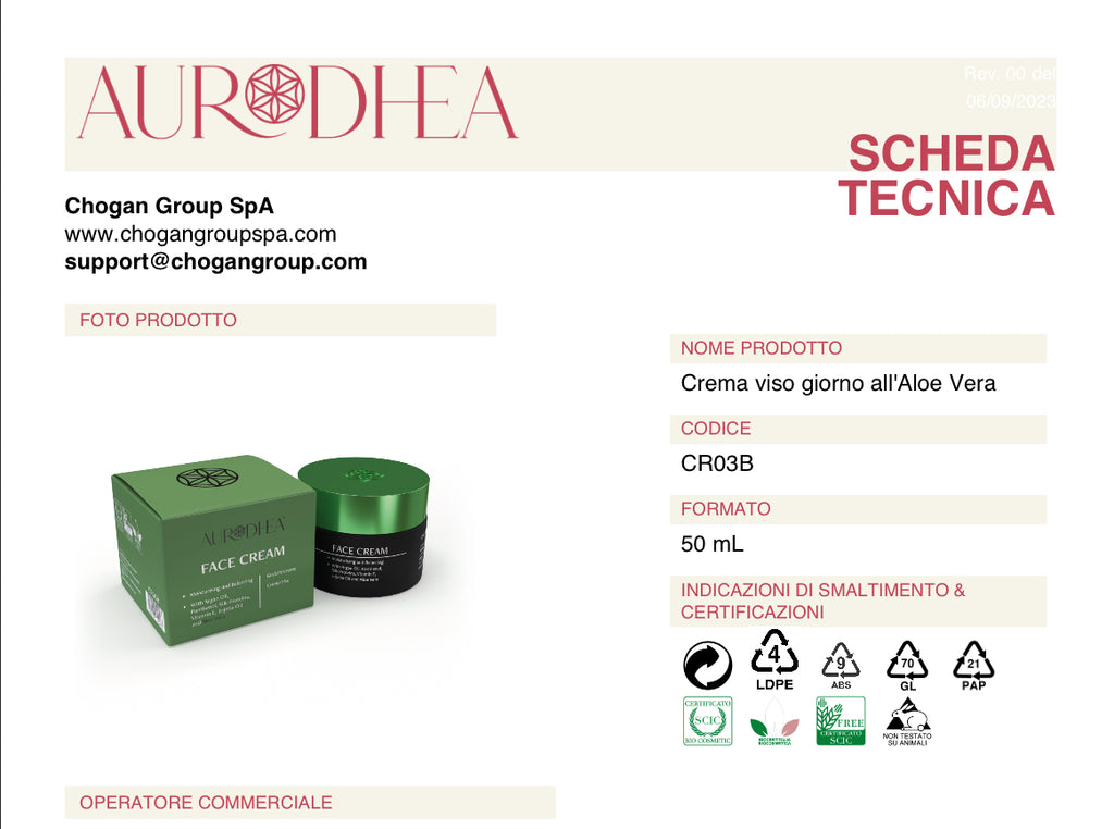 AURODHEA Crema viso all'aloe vera- 50 ml - Cod. CR03B