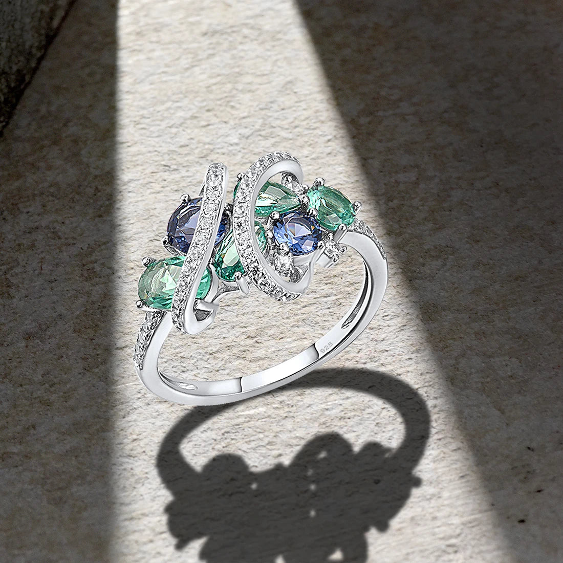 Anello SANTUZZA in Argento 925 con Spinello Verde/Blu e Zirconi Bianchi