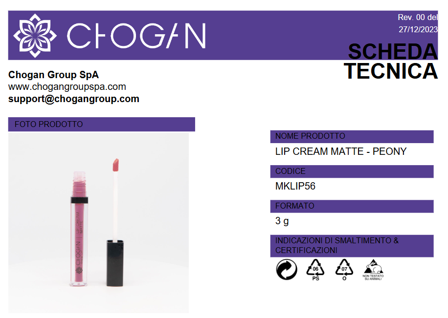 CHOGAN LIP CREAM MATTE - PEONY - cod. MKLIP56