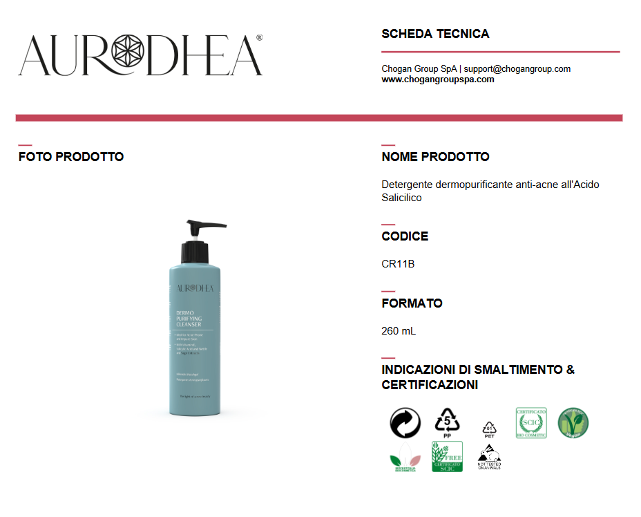Detergente dermopurificante AURODHEA anti-acne all'Acido Salicilico 260ml - Cod. CR11B
