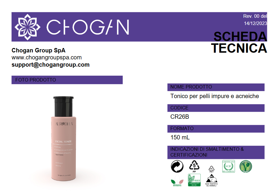 Tonico AURODHEA per pelli impure e acneiche - 150 ml - cod. CR26B