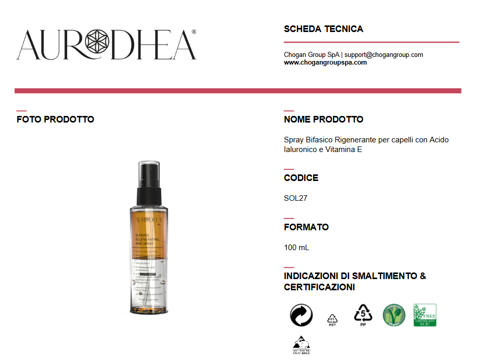 AURODHEA Spray Bifasico Rigenerante per capelli con Acido Ialuronico e Vitamina E 100ml - cod.SOL27