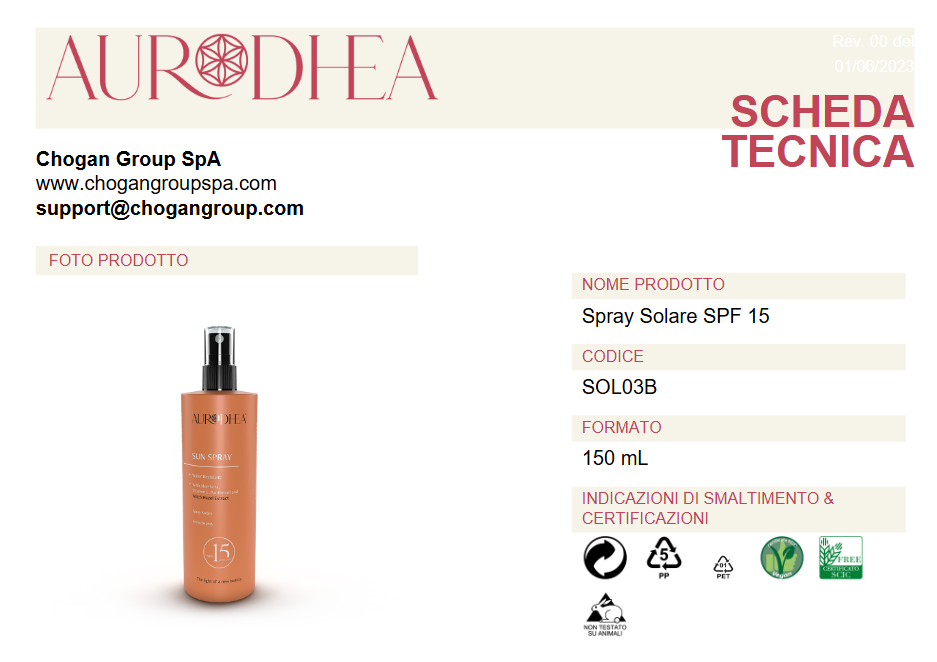 AURODHEA Spray Solare corpo SPF 15 - 150 ml cod. SOL03B