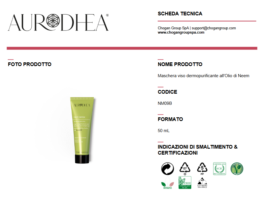 AURODHEA Maschera viso dermopurificante all'Olio di Neem 50ml - Cod. NM09B