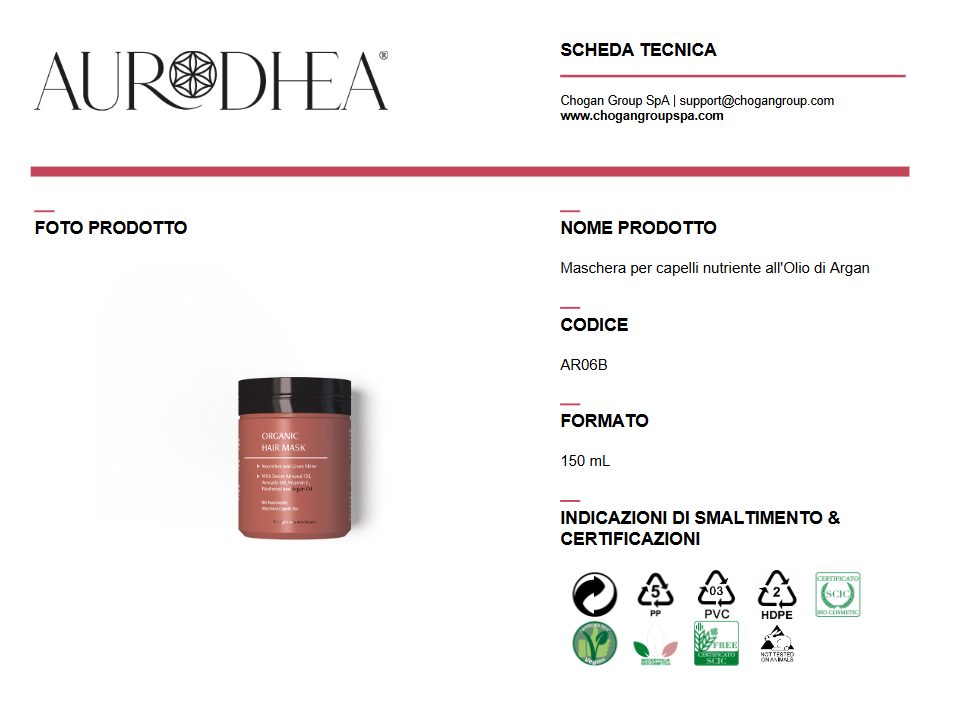 AURODHEA Maschera per capelli nutriente all'Olio di Argan 150ml - Cod. AR06B