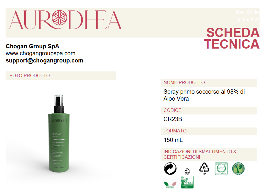 AURODHEA Spray primo soccorso al 98% di Aloe Vera - 150 ml - CR23B