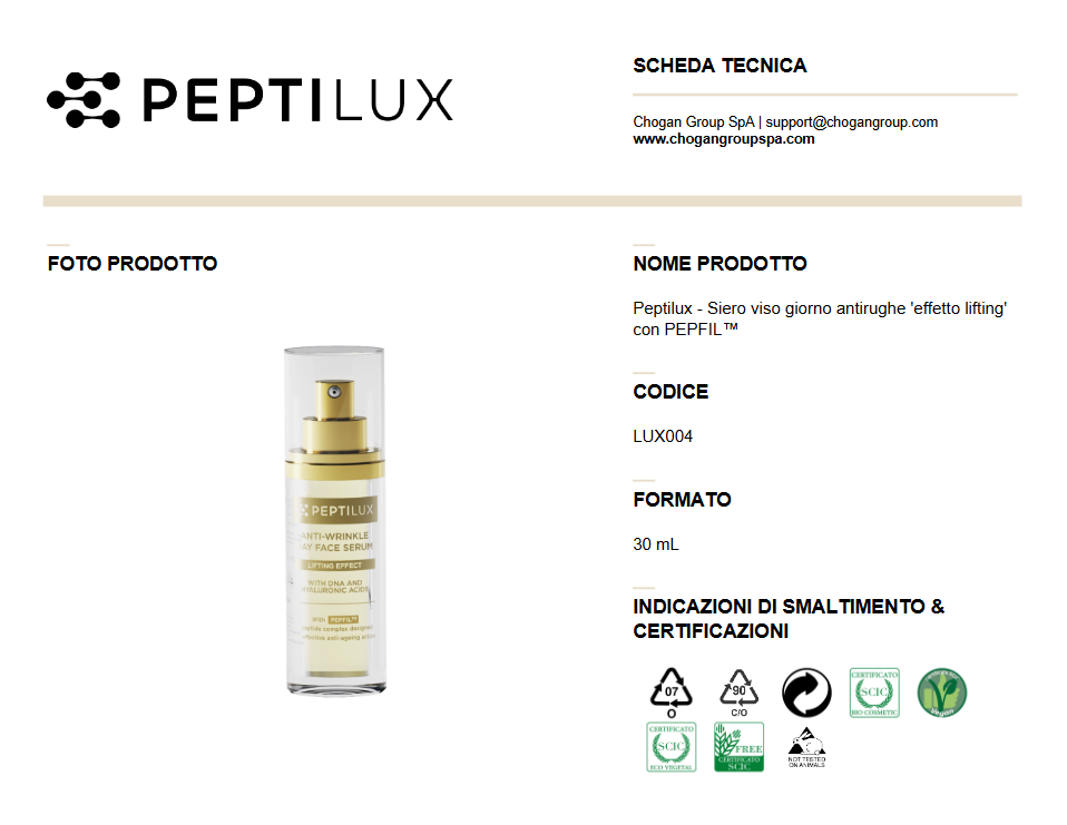 PEPTILUX Siero viso giorno antirughe 'effetto lifting' con PEPFIL™ 30ml - Cod. LUX004