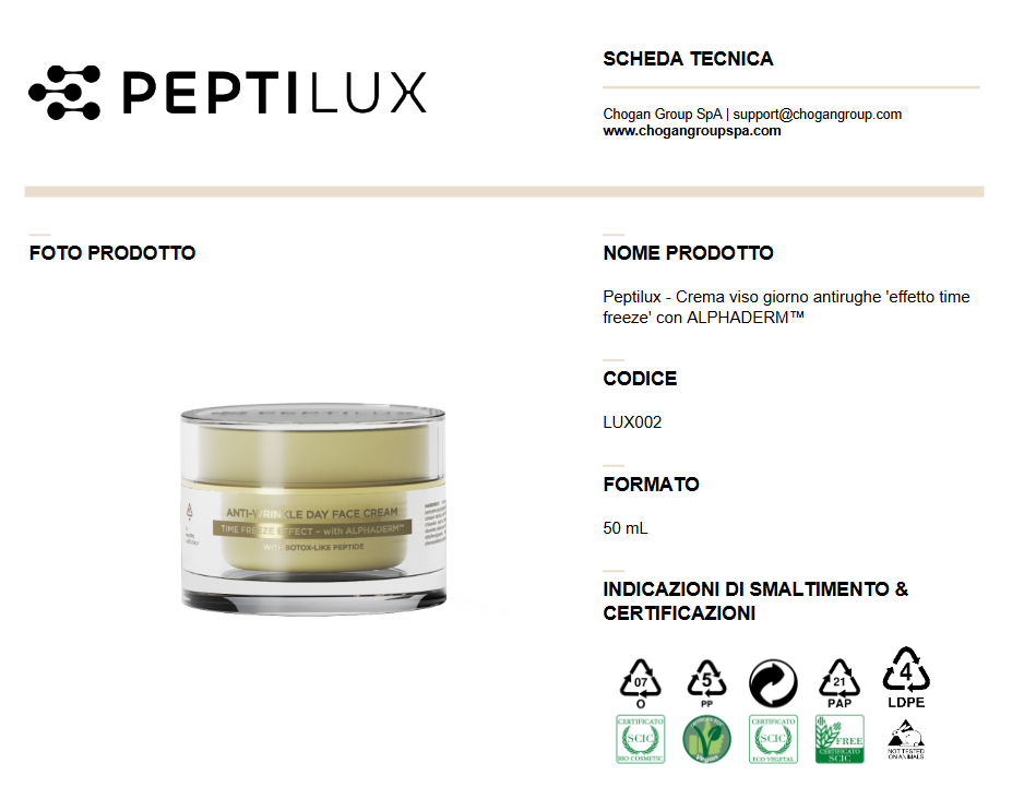 PEPTILUX Crema viso giorno antirughe 'effetto time freeze' con ALPHADERM™ 50ml - LUX002