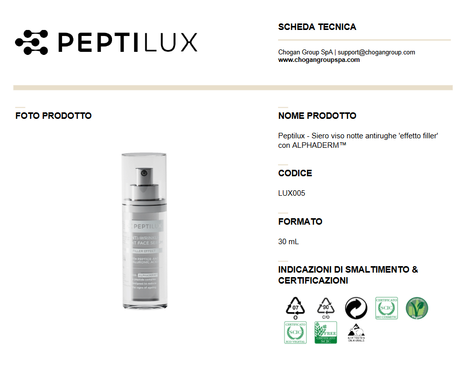 PEPTILUX Siero viso notte antirughe 'effetto filler' con ALPHADERM™ 30ml - Cod. LUX005