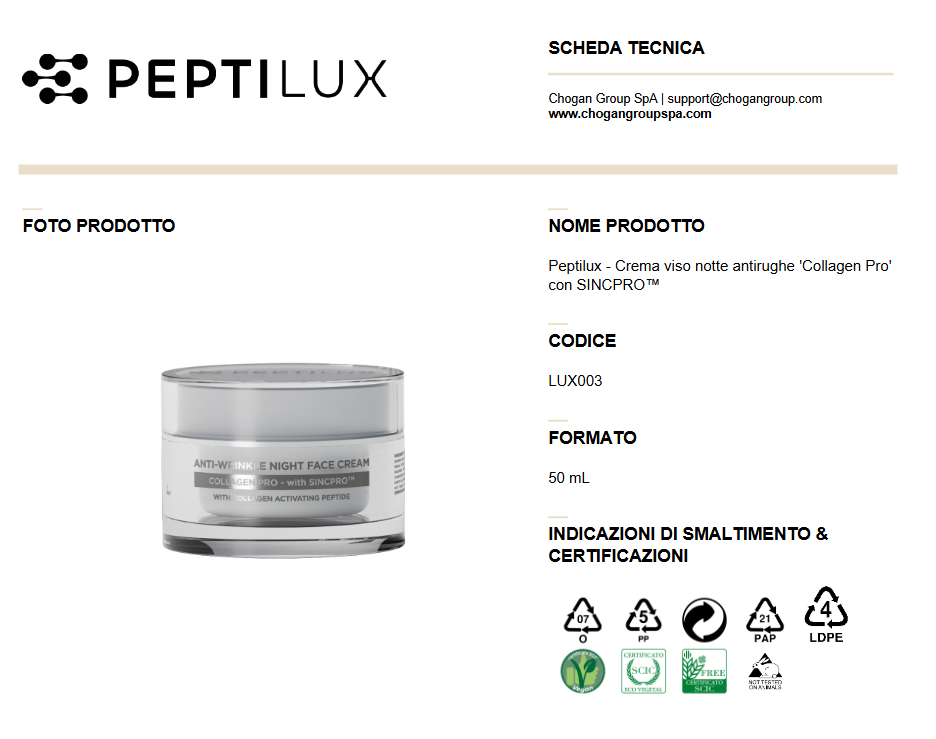 PEPTILUX Crema viso notte antirughe 'Collagen Pro' con SINCPRO™ 50ml - Cod. LUX003