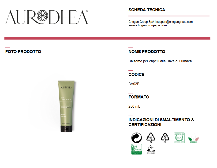 AURODHEA Balsamo per capelli alla Bava di Lumaca 250ml - Cod. BV02B