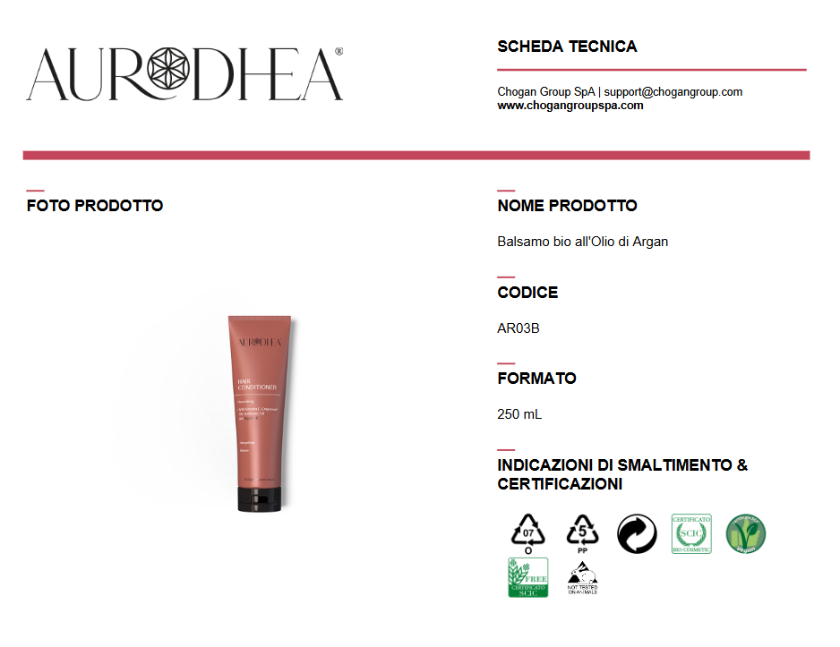 AURODHEA Balsamo bio all'Olio di Argan 250ml - Cod. AR03B