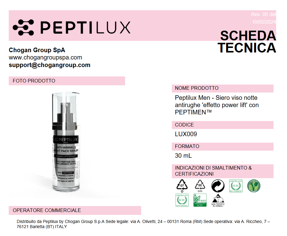 PEPTILUX Men - Siero viso notte antirughe 'effetto power lift' con PEPTIMEN™ 30ml - Cod. LUX009