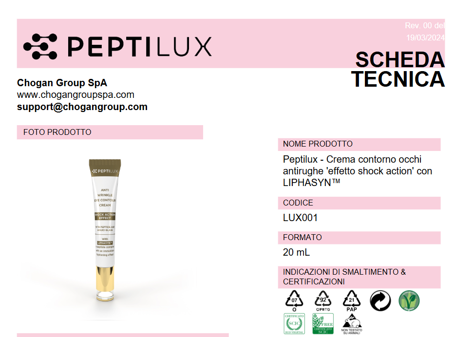 PEPTILUX Crema contorno occhi antirughe 'effetto shock action' con LIPHASYN™ 20ml - Cod. LUX001