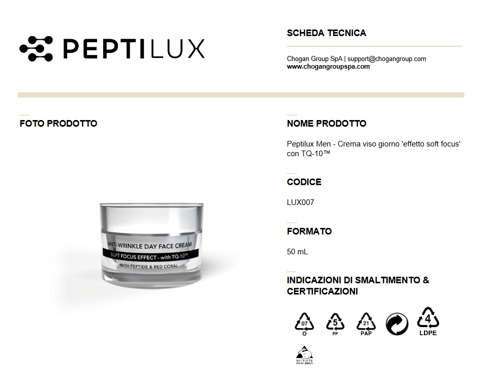 PEPTILUX Men - Crema viso giorno 'effetto soft focus' con TQ-10™ 50ml - Cod. LUX007