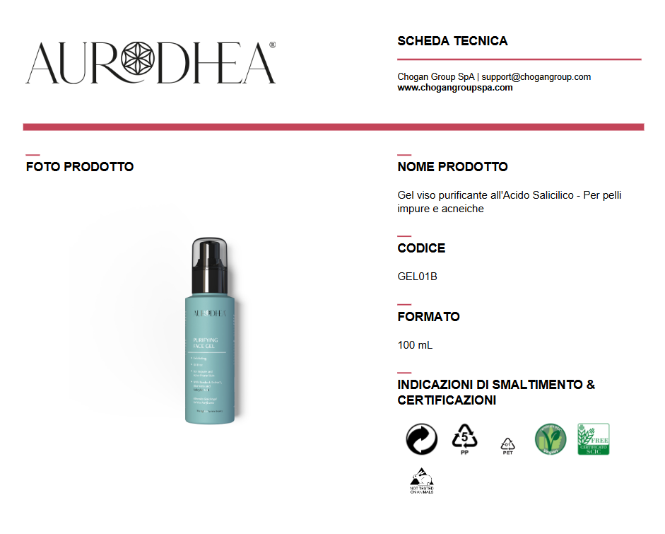 AURODHEA Gel viso purificante all'Acido Salicilico - Per pelli impure e acneiche 100ml - Cod. GEL01B