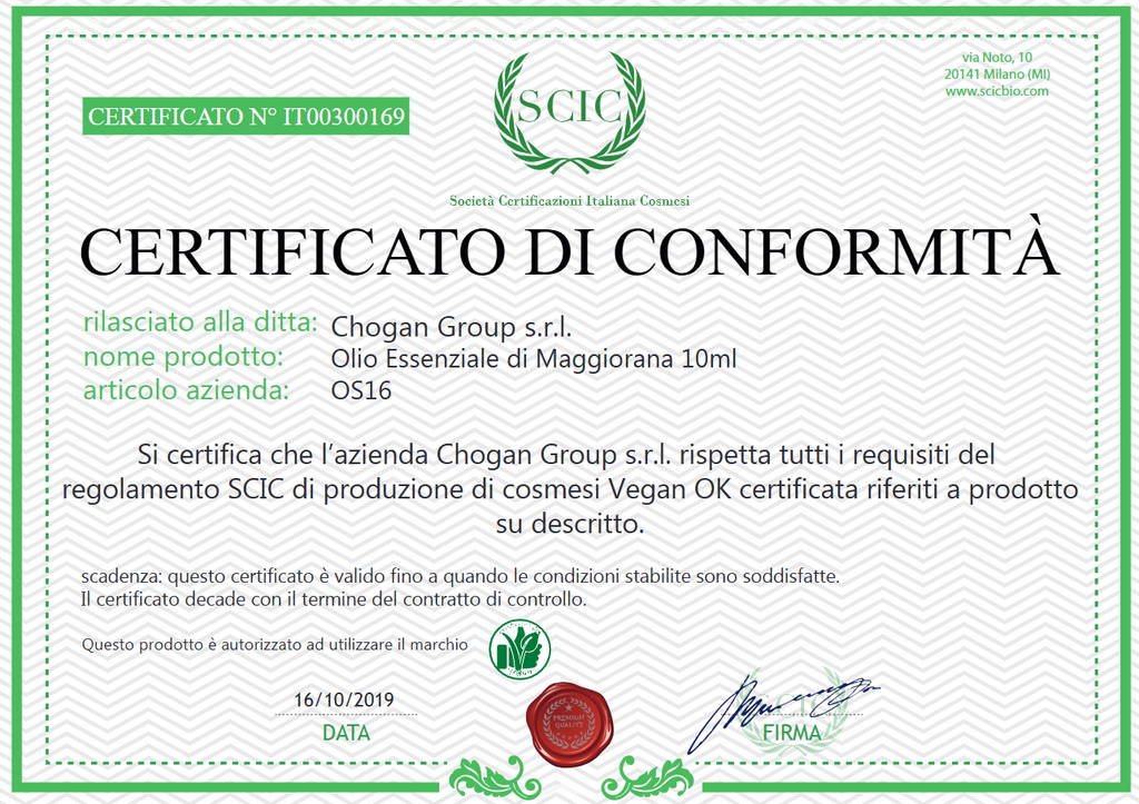 CHOGAN Olio essenziale di Maggiorana 10 ml GLUTEN FREE - Cod. OS16