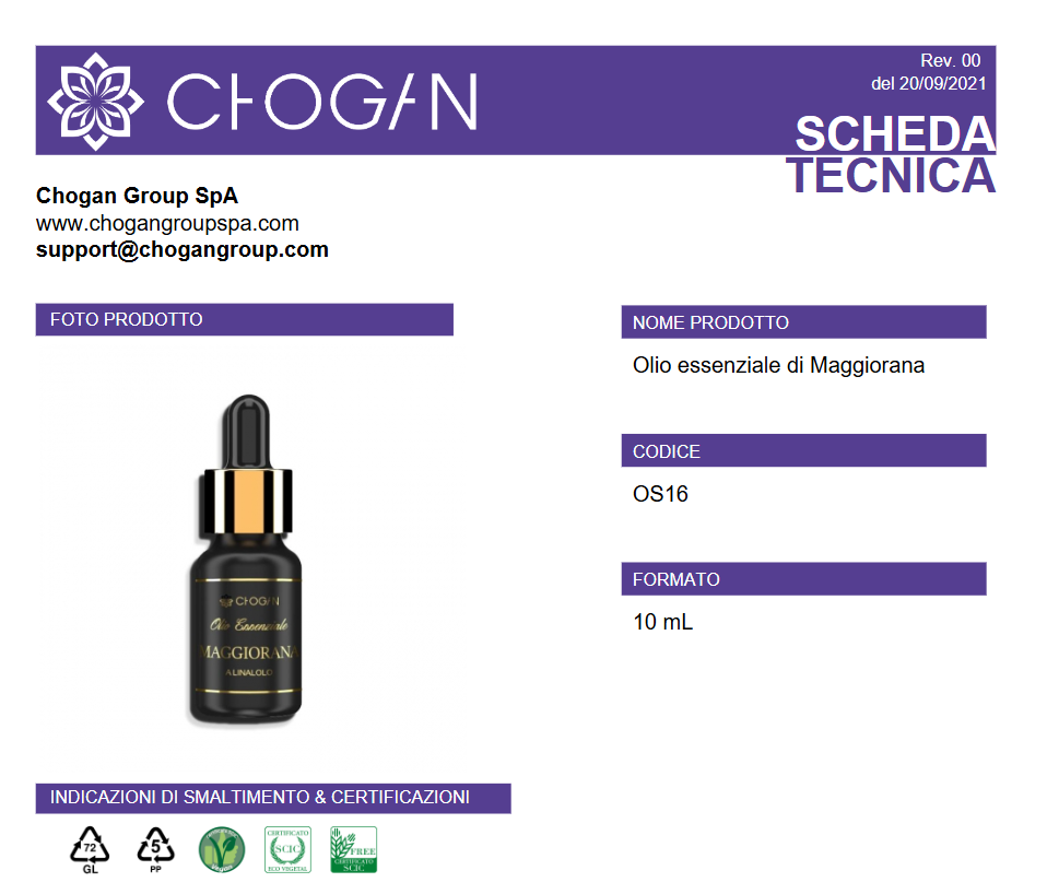 CHOGAN Olio essenziale di Maggiorana 10 ml GLUTEN FREE - Cod. OS16