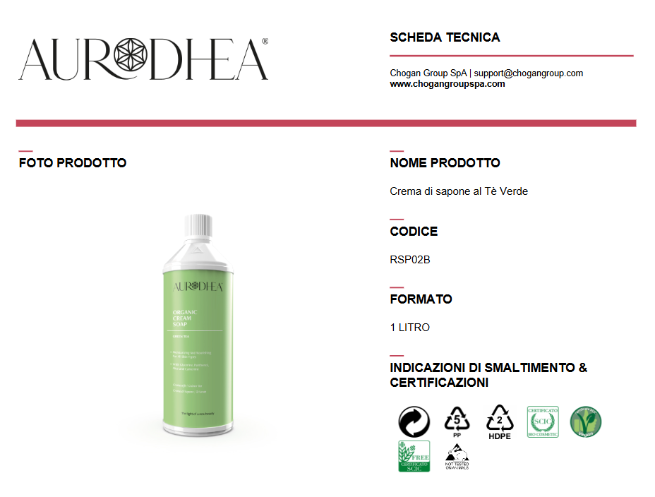 AURODHEA Ricarica  Crema di sapone al Tè Verde 1000 ml - Cod. RSP02B
