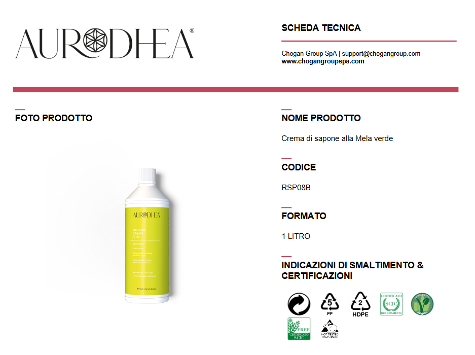 AURODHEA Ricarica Crema di sapone alla Mela verde 1000 ml - Cod. RSP08B
