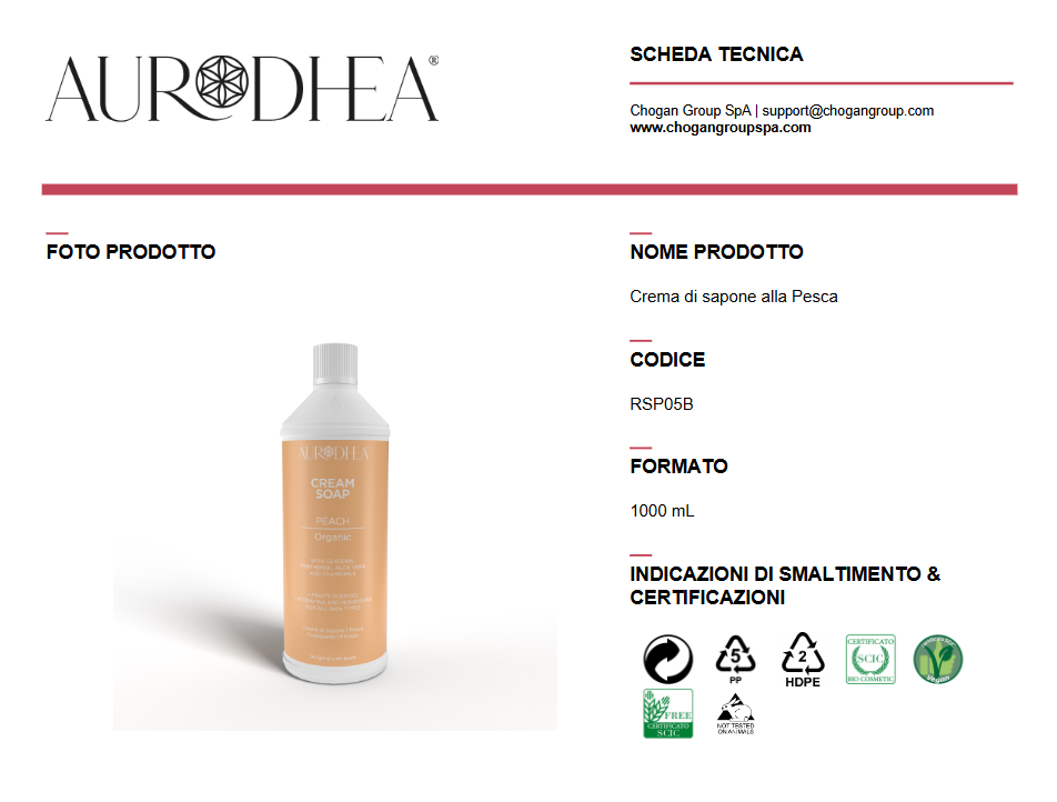 AURODHEA Ricarica Crema di sapone alla Pesca 1000 ml - Cod. RSP05B