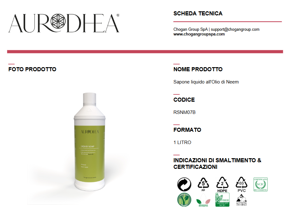 AURODHEA Ricarica Sapone liquido all'Olio di Neem 1000 ml - Cod. RSNM07B