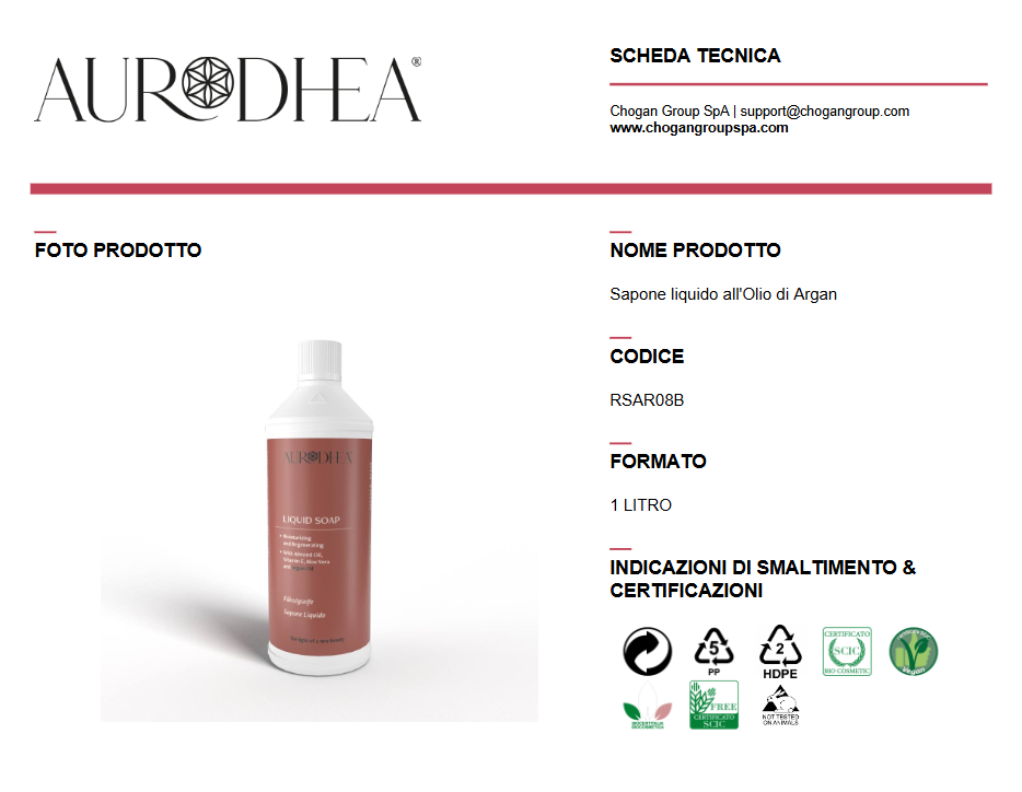 AURODHEA Ricarica Sapone liquido all'Olio di Argan 1000 ml - Cod. Cod. RSAR08B