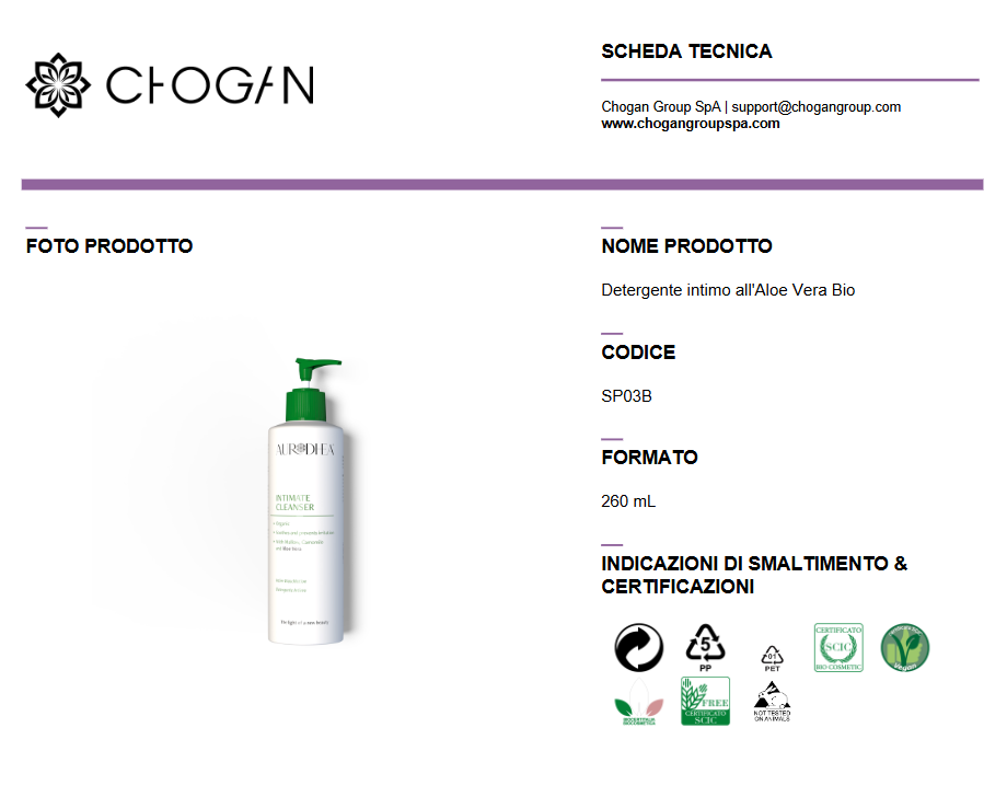 AURODHEA Detergente intimo all'Aloe Vera Bio 260ml - Cod. SP03B