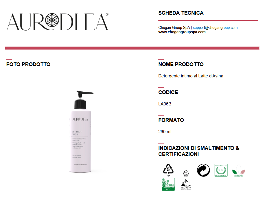 AURODHEA Detergente intimo al Latte d'Asina 260ml -  Cod. Cod. LA06B