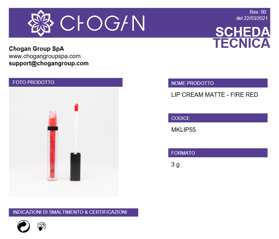 CHOGAN LIP CREAM MATTE - FIRE RED  - cod. MKLIP55