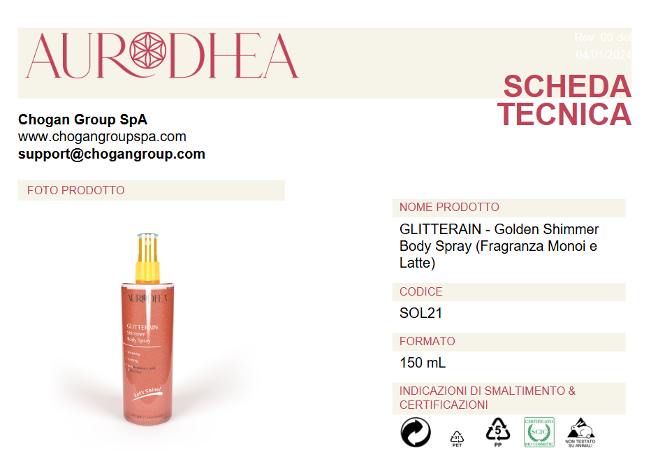 AURODHEA GLITTERAIN - Golden Shimmer Body Spray (Fragranza Monoi e Latte) - 150 ml - Cod. SOL21