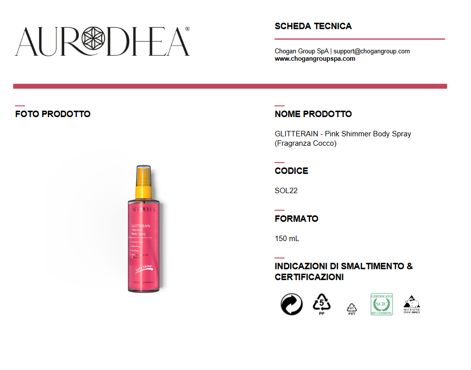 AURODHEA GLITTERAIN - Pink Shimmer Body Spray (Fragranza Cocco) - Cod. SOL22