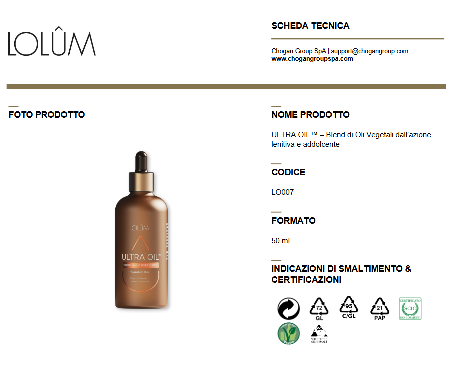 LOLUM ULTRA OIL™ – Blend di Oli Vegetali dall’azione lenitiva e addolcente 50ml - Cod. LO007